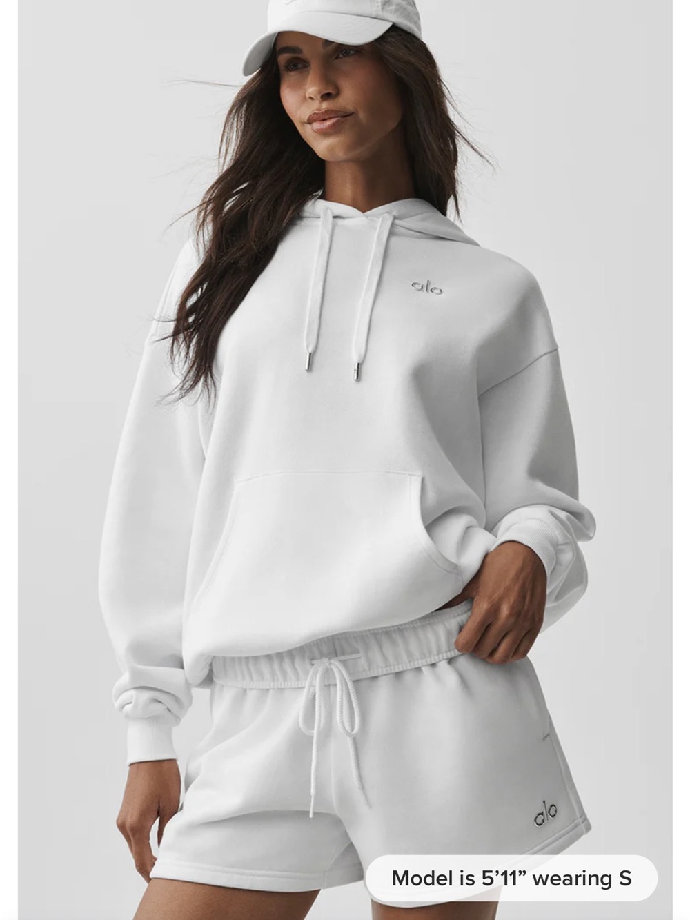 Alo White Cozy Hoodie with matching sweatpants.